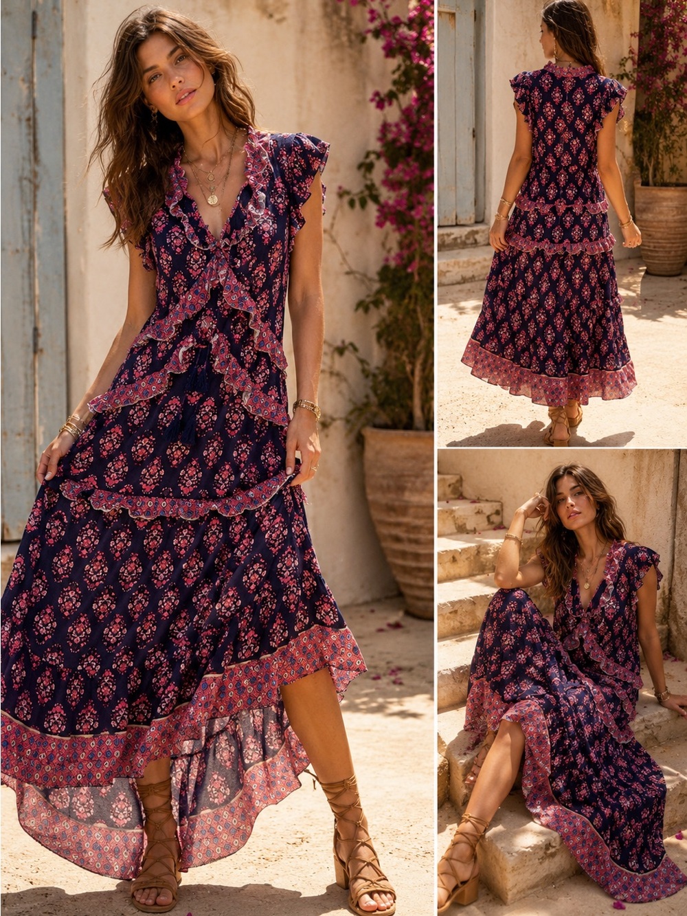 Daniel Rainn Navy Pink Floral Boho Ruffle Maxi Dress Size L
